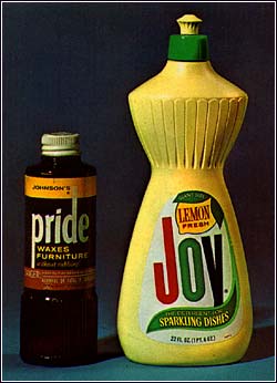 Picture of a bottle of Pride furniture wax next to a bottle of Joy dishwashing liquid...