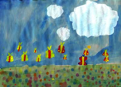 Rich watercolor painting of many butterflies in a field, by Jordan Newhouse, age 7