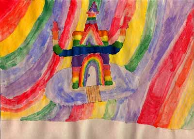 Rich watercolor painting of a rainbow colored castle, by Jordan Newhouse, age 7