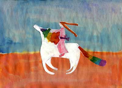 Rich watercolor painting of a girl riding a galloping horse, by Jordan Newhouse, age 7